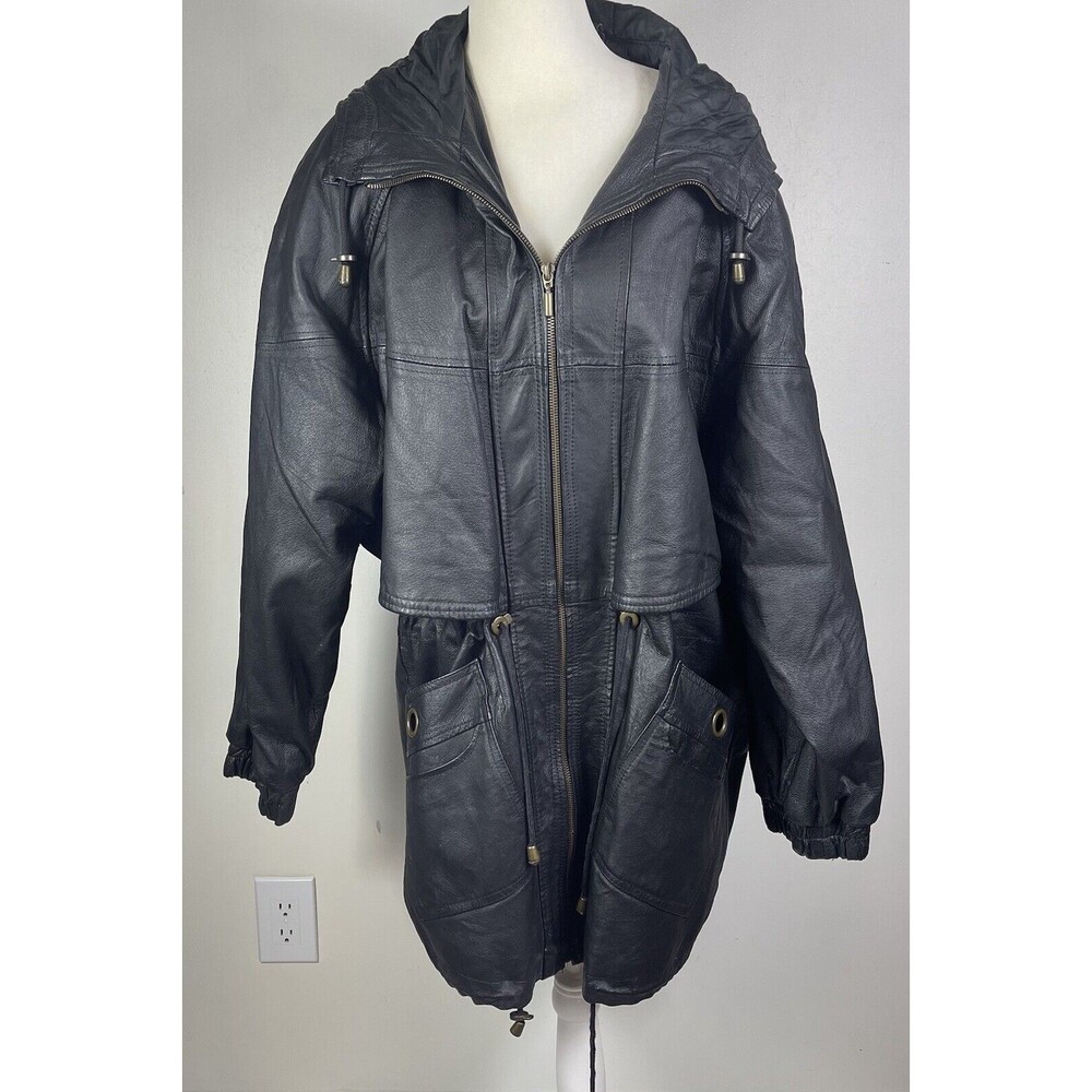 VTG G-III Womens Black Leather Trench Coat Hooded Long Med Matrix Grunge Emo Y2K